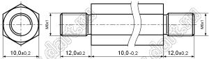 PCHNN6-10SN (10.0) стойка шестигранная с наружными резьбами; резьба внутр. M6x1; резьба внешн. M6x1; SW=10,0мм; L=10,0мм; L2=12,0мм; L3=12,0мм; сталь никелированная