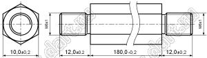 PCHNN5-180 (10.0) стойка шестигранная с наружными резьбами; резьба внутр. M6x1; резьба внешн. M6x1; SW=10,0мм; L=180,0мм; L2=12,0мм; L3=12,0мм; латунь