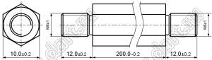 PCHNN5-200N (10.0) стойка шестигранная с наружными резьбами; резьба внутр. M6x1; резьба внешн. M6x1; SW=10,0мм; L=200,0мм; L2=12,0мм; L3=12,0мм; латунь никелированная