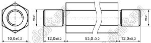 PCHNN6-53SS (10.0) стойка шестигранная с наружными резьбами; резьба внутр. M6x1; резьба внешн. M6x1; SW=10,0мм; L=53,0мм; L2=12,0мм; L3=12,0мм; сталь нержавеющая