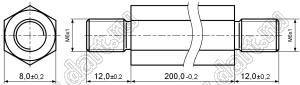 PCHNN5-200 (8.0) стойка шестигранная с наружными резьбами; резьба внутр. M6x1; резьба внешн. M6x1; SW=8,0мм; L=200,0мм; L2=12,0мм; L3=12,0мм; латунь