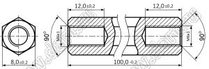 PCHSS6-100 (8.0) стойка шестигранная с внутренними резьбами; SW=8,0мм; L=100мм; латунь; L2=12,0мм; L3=12,0мм