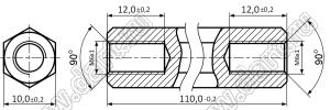PCHSS6-110 (10.0) стойка шестигранная с внутренними резьбами; SW=10,0мм; L=110мм; латунь; L2=12,0мм; L3=12,0мм