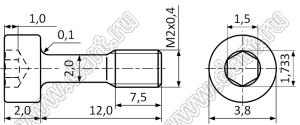 BLNFSSIH-020120SS Винт невыпадающий с цилиндрической головкой и внутренним шестигранником по DIN7964(E)-1990; 2x12мм; сталь нержавеющая 304