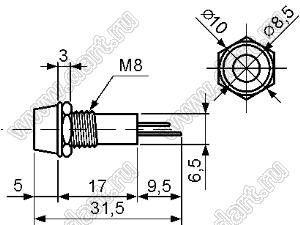 L-607Y2-G 2V индикатор светодиодный (светодиод с держателем) на панель; желтый; Uпит.=1,9…2,3В; M8; dотв.=8,2мм