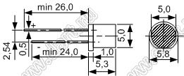 RL40-HO313 светодиод цилиндрический 5,0x5,3 мм; красный; 620...635нм; корпус диффузный; 43мКд; 100°