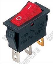 KCD3-1-101N11CRB переключатель клавишный ON-OFF; 30,5х13,5мм; 15A/30A 250VAC; толкатель красный/корпус черный; с подсветкой;  маркировка "O I"; терминалы 6,3x0,8мм