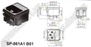 SP-861A1B01 (R-3014, AS-08) вилка IEC60320(C14) сетевого питания с предохранителем и защелками на панель толщиной 1,3мм