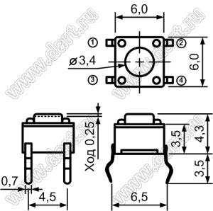TC-0102-V (TVDP01-4.3, TS6643-250AH, SWT-20-4.3) кнопка тактовая; 6x6x4,3мм
