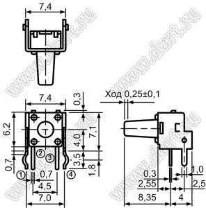 KFC-A06-06A (TC-0205-X, 0795, TS-A4PV-130) кнопка тактовая угловая; 6x6x8,35мм