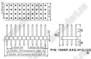 1999P-128G-H15-125 вилка открытая прямая четырехрядная на плату для монтажа в отверстия, шаг 2,00 x 2,00 мм; А=2,8мм, В=8,2мм, С=12,5мм, 4х32 конт.