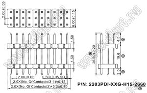 2203PDI-030G-H15-2660 вилка открытая прямая трехрядная с двойным изолятором на плату для монтажа в отверстия; шаг 2,00 x 2,00 мм; (3x10) конт.