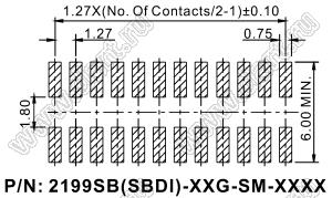 2199SBDI-20G-SM-3580 (PLLHD1.27-20S) вилка штыревая открытая прямая двухрядная с двойным изолятором на плату для поверхностного (SMD) монтажа, шаг 1,27x1,27 мм, 2x10 конт.