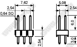 DS1021-2*3SF11 (2213S-06G, PLD-6) вилка открытая прямая двухрядная на плату для монтажа в отверстия; шаг 2,54 x 2,54 мм; (2x3) конт.