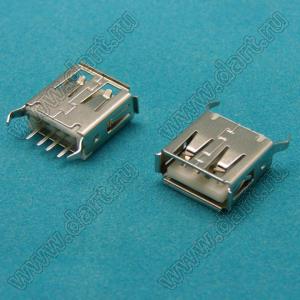 USB A TYPE 4P 180 deg (USB-AF-180-13) (P4-6)-13mm розетка USB2.0 на плату для выводного монтажа прямая вертикальная тип A
