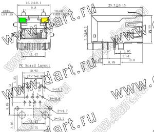 SK01-111020NL-SOCKET гнездо RJ-45 8P8C на плату с фильтром и индикацией