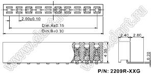 2209R-28G (PBS2-28R) розетка угловая однорядная на плату для монтажа в отверстия; шаг 2,00 x 2,00 мм; (1x28) конт.