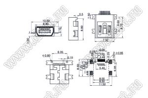 US10-045 (HW-F-010-05) розетка мини USB2.0 для поверхностного (SMD) монтажа, 10 конт.