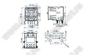 US01-222BR сдвоенные розетки USB2.0 на плату для выводного монтажа угловые горизонтальная тип A
