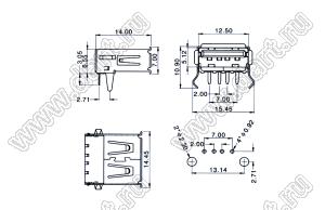 US01-619 розетка USB2.0 на плату для выводного монтажа угловая горизонтальная тип A