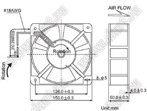 AF15051HA1BL вентилятор осевой переменного тока; U=110/120В; 150x150x50мм
