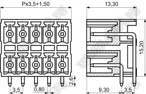 KF2EDGKRH-3.5-02P-14 вилка угловая двухрядная на плату; шаг=3,5мм; I max=8/7А (UL/ICT); U=300/250В (UL/ICT); 2-конт.
