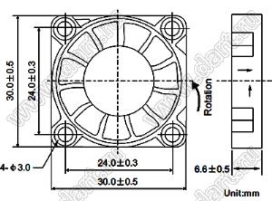DF30D12H вентилятор осевой постоянного тока; 30x30x6,6мм; U=12В; Iн=0,10А; подшипник качения и подшипник скольжения