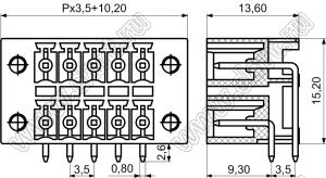 KF2EDGKRM-3.5-2x10P-14 вилка угловая двухрядная на плату с закладными гайками; шаг=3,5мм; I max=8/7А (UL/ICT); U=300/250В (UL/ICT); 20-конт.