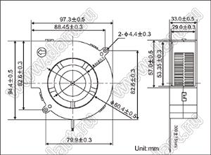 DF9733B12H-3-WIRE вентилятор центробежный постоянного тока; U=12В; 97,3x94,4x33мм с проводом длиной 300 мм и разъемом A2501-03Y (шаг 2.50 мм)