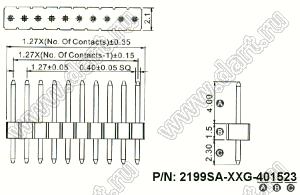 2199SA-50G-401523 (PLL1.27-50) вилка штыревая открытая прямая однорядная на плату для монтажа в отверстия, шаг 1,27мм, 1x50 конт.
