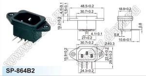 SP-864B2 вилка IEC60320(C14) угловая сетевого питания на винтах на панель и пайки в плату