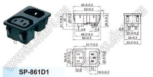 SP-861D1 блок вилка IEC60320(C14)/розетка IEC60320(C13) сетевого питания с защелками на панель