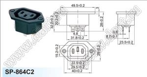 SP-864C2 (R-302, 2608) 10A розетка IEC60320(C13) сетевого питания на винтах на панель; I=10А
