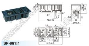 SP-861I1-1.5 блок вилка IEC60320(C14)/две розетки IEC60320(C13) сетевого питания с держателем предохранителя с защелками на панель; t=1,5мм