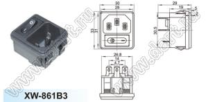 XW-861B3 вилка IEC60320(C14) сетевого питания с выключатетелем и защелками на панель
