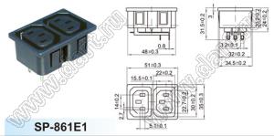 SP-861E1-1.5 блок розетка IEC60320(C13)/розетка IEC60320(C13) сетевого питания с защелками на панель; t=1,5мм