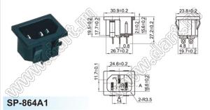 SP-864A1 (R-301SN, SS-120, AS-01, AS-224K(27)-UL-EN) вилка IEC60320(C14) сетевого питания с защелками на панель, для пайки на провода