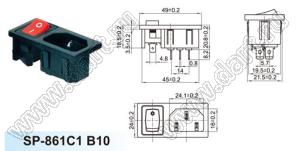 SP-861C1B10 вилка IEC60320(C14) сетевого питания с выключатетелем и защелками на панель толщиной 1,3мм