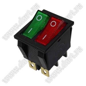 KCD4-202/N2RG переключатель клавишный сдвоенный (ON-OFF) красная и зеленая клавиши с подсветкой, черный корпус