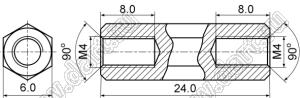 PCHSS4-24SN стойка шестигранная; с внутренней резьбой М4x0,7; SW=6,0мм; L=24,0мм; сталь никелированная