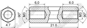 PCHSS-21 стойка шестигранная; с внутренней резьбой М3x0,5; SW=4,7мм; L=21,0мм; латунь