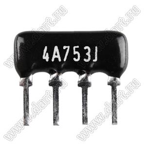 SIP 4P3R-A75KJ 5% (4A753J) сборка резисторная тип A; 3 резистора; R=75 кОм; 5%