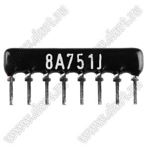 SIP 8P7R-A750RJ 5% (8A751J) сборка резисторная тип A; 7 резисторов; R=750 (Ом); 5%