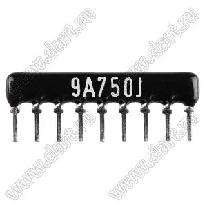 SIP 9P8R-A75RJ 5% (9A750J) сборка резисторная тип A; 8 резисторов; R=75 (Ом); 5%