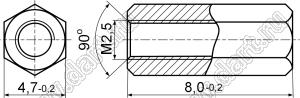 PCHSS2.5-08 (4.7) стойка шестигранная; с внутренней резьбой М2,5x0,45; SW=4,7мм; L=8,0мм; латунь