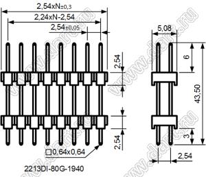2213DI-80G-4350 (2x40) вилка штыревая открытая прямая с двойным изолятором двухрядная на плату для монтажа в отверстия; шаг 2.54мм; P=2,54x2,54мм; 2x40-конт.; L=43,5мм