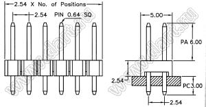 2213S-12G (PLD-12, DS1021-2x6SF11) вилка открытая прямая двухрядная на плату для монтажа в отверстия; P=2,54x2,54мм; 2x6-конт.