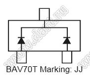 BAV70T (SOT-523) диод SMD ключевой; Io=-мА; Vr (max)=85В (макс.); VF=1,25В; IR=2мкА