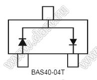 BAS40-04T (SOT-523) два диода Шоттки для поверхностного (SMD) монтажа, последовательное соединение; VRRM=40В; IFM=200мА; VFM=0,38В; Tраб. -55...+125°C