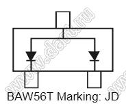 BAW56T (SOT-523) диод SMD ключевой; Io=-мА; Vr (max)=85В (макс.); VF=1,25В; IR=2мкА